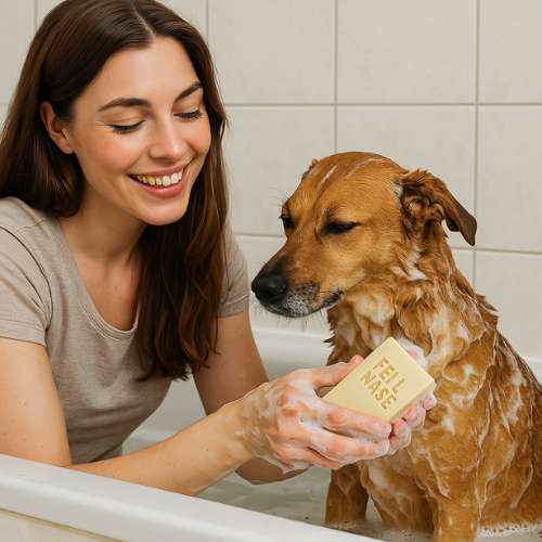Junge Frau wäscht ihren Hund liebevoll in der Badewanne mit einem Stück Naturseife mit der Prägung ‚FELL NASE‘ – beide sind umgeben von Seifenschaum in einem hell gefliesten Badezimmer.